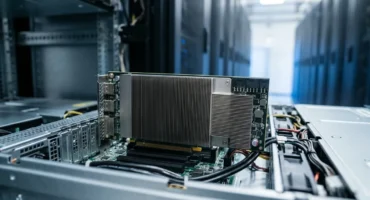 Módulo de procesamiento con disipador de aluminio alojado en un servidor dentro de un centro de datos. Imagen generada con IA.