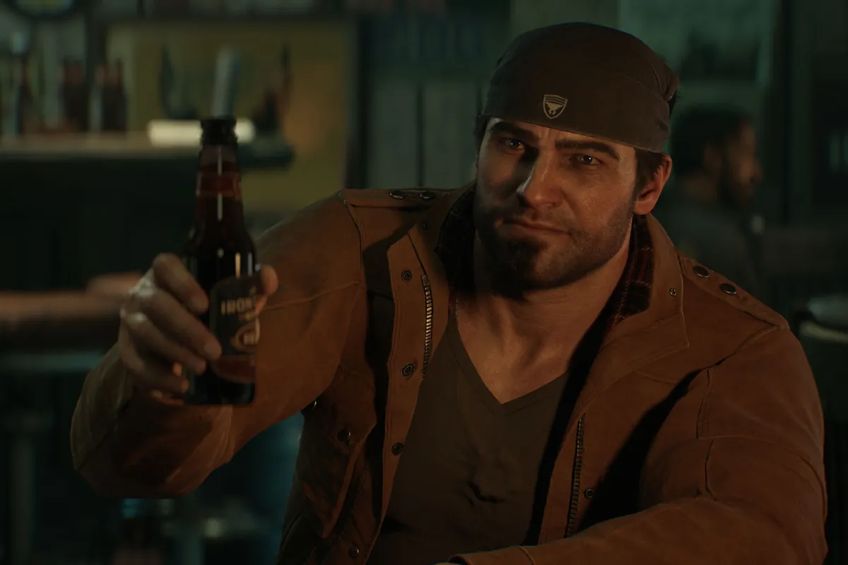 467-gears-of-war-e-day-especificaciones-finales-pc-1 Marcus Fenix, con pañuelo en la cabeza y chaqueta marrón, brinda con una botella en un bar en penumbra.