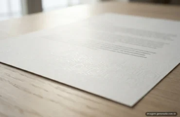 468-synthid-text-marca-agua-google-llm-vulnerables-ataques Hoja impresa con texto gris ilegible y un patrón geométrico en relieve que solo revela la luz rasante. Imagen generada con IA.