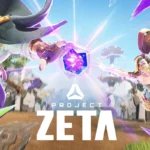 Dos héroes de Project ZETA saltan en el aire hacia un prisma morado sobre el escenario del juego.