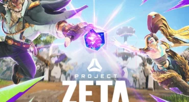 Dos héroes de Project ZETA saltan en el aire hacia un prisma morado sobre el escenario del juego.