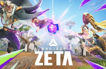 469-project-zeta-moba-cuatro-equipos-krafton-nirvanana Dos héroes de Project ZETA saltan en el aire hacia un prisma morado sobre el escenario del juego.