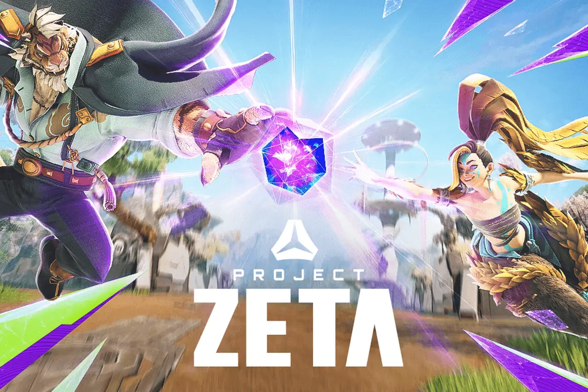 469-project-zeta-moba-cuatro-equipos-krafton-nirvanana Dos héroes de Project ZETA saltan en el aire hacia un prisma morado sobre el escenario del juego.