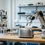 Dos brazos robóticos sobre un banco de laboratorio, junto a una tostadora y un destornillador. Imagen generada con IA.