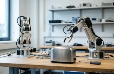 Dos brazos robóticos sobre un banco de laboratorio, junto a una tostadora y un destornillador. Imagen generada con IA.