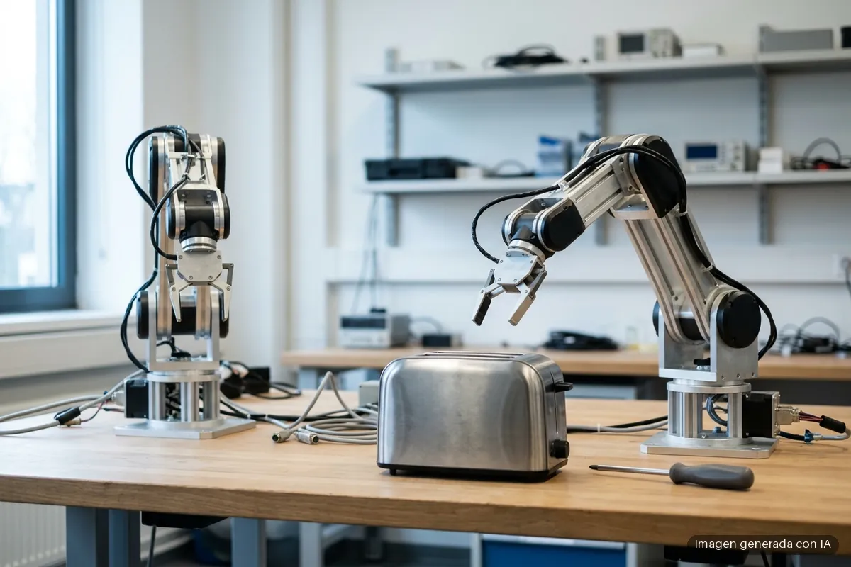 470-gpt-6-astra-roboharm-tareas-peligrosas-brazos-roboticos Dos brazos robóticos sobre un banco de laboratorio, junto a una tostadora y un destornillador. Imagen generada con IA.