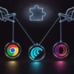 Cinco marionetas con los logotipos de Claude, Chrome, Comet, Opera y Edge colgando de los hilos de dos manos, con una pieza de puzle al fondo