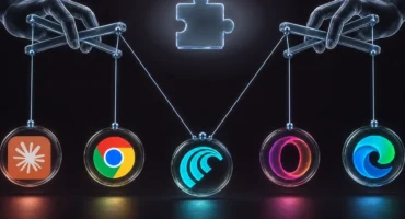 Cinco marionetas con los logotipos de Claude, Chrome, Comet, Opera y Edge colgando de los hilos de dos manos, con una pieza de puzle al fondo
