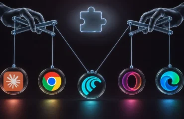 Cinco marionetas con los logotipos de Claude, Chrome, Comet, Opera y Edge colgando de los hilos de dos manos, con una pieza de puzle al fondo