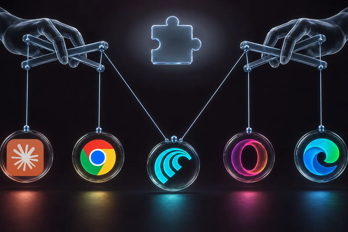 476-prompt-forcing-bragjack-secuestra-agentes-ia-navegador Cinco marionetas con los logotipos de Claude, Chrome, Comet, Opera y Edge colgando de los hilos de dos manos, con una pieza de puzle al fondo