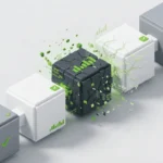 Ilustración de una fila de bloques blancos y grises con una marca de verificación verde, uno de ellos negro y agrietado que se deshace en fragmentos verdes