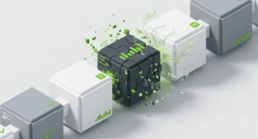 Ilustración de una fila de bloques blancos y grises con una marca de verificación verde, uno de ellos negro y agrietado que se deshace en fragmentos verdes