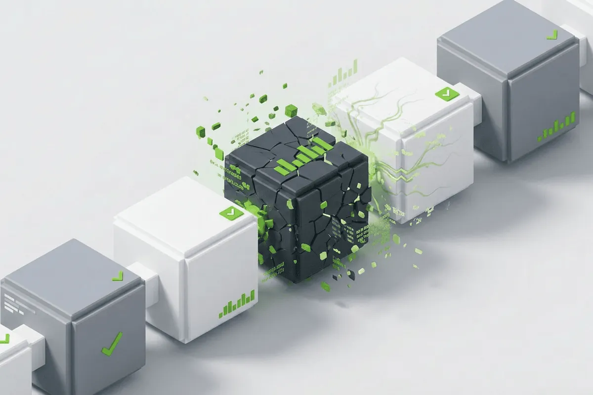 498-elementor-corrige-fallo-cuentas-admin-wordpress Ilustración de una fila de bloques blancos y grises con una marca de verificación verde, uno de ellos negro y agrietado que se deshace en fragmentos verdes
