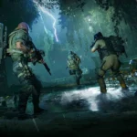 Cuatro agentes armados avanzan de noche bajo la lluvia por Central Park en The Division 2: Echoes of Central Park