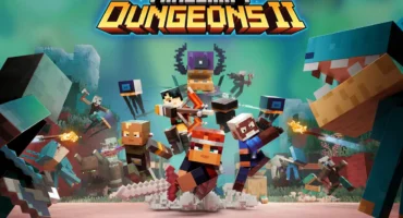 Cartel oficial de Minecraft Dungeons II con su logotipo y un grupo de héroes de bloques luchando contra criaturas de la Sift
