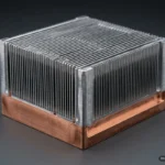 Disipador de calor con aletas de aluminio paralelas montado sobre base de cobre. Imagen generada con IA.