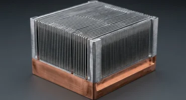 Disipador de calor con aletas de aluminio paralelas montado sobre base de cobre. Imagen generada con IA.