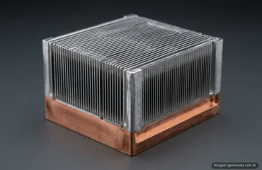 Disipador de calor con aletas de aluminio paralelas montado sobre base de cobre. Imagen generada con IA.