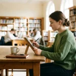 Estudiante escribiendo con un lápiz digital en una tablet sobre un soporte de madera, en la mesa de una biblioteca. Imagen generada con IA.