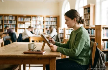 5171-mejores-apps-para-estudiar-desde-tablet Estudiante escribiendo con un lápiz digital en una tablet sobre un soporte de madera, en la mesa de una biblioteca. Imagen generada con IA.