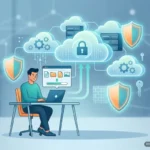 Ilustración de un hombre sentado frente a un ordenador portátil, rodeado de iconos de nube y de ciberseguridad. Imagen generada con IA.