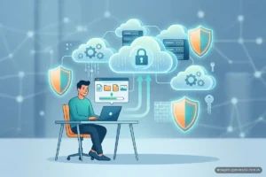 Ilustración de un hombre sentado frente a un ordenador portátil, rodeado de iconos de nube y de ciberseguridad. Imagen generada con IA.
