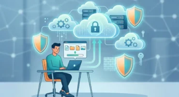 Ilustración de un hombre sentado frente a un ordenador portátil, rodeado de iconos de nube y de ciberseguridad. Imagen generada con IA.
