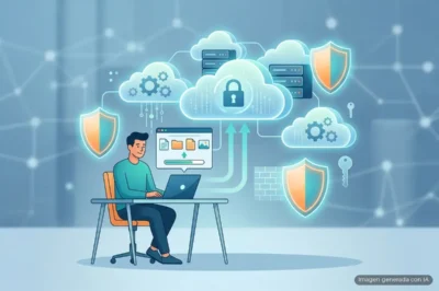 Ilustración de un hombre sentado frente a un ordenador portátil, rodeado de iconos de nube y de ciberseguridad. Imagen generada con IA.