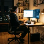 Mujer con auriculares teletrabajando de noche ante dos monitores, con un SAI encendido en el suelo junto a la mesa. Imagen generada con IA.