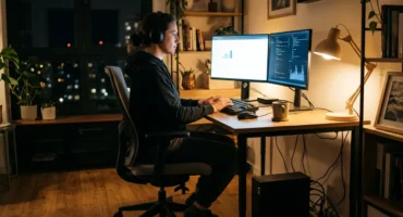 Mujer con auriculares teletrabajando de noche ante dos monitores, con un SAI encendido en el suelo junto a la mesa. Imagen generada con IA.