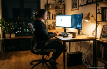 Mujer con auriculares teletrabajando de noche ante dos monitores, con un SAI encendido en el suelo junto a la mesa. Imagen generada con IA.