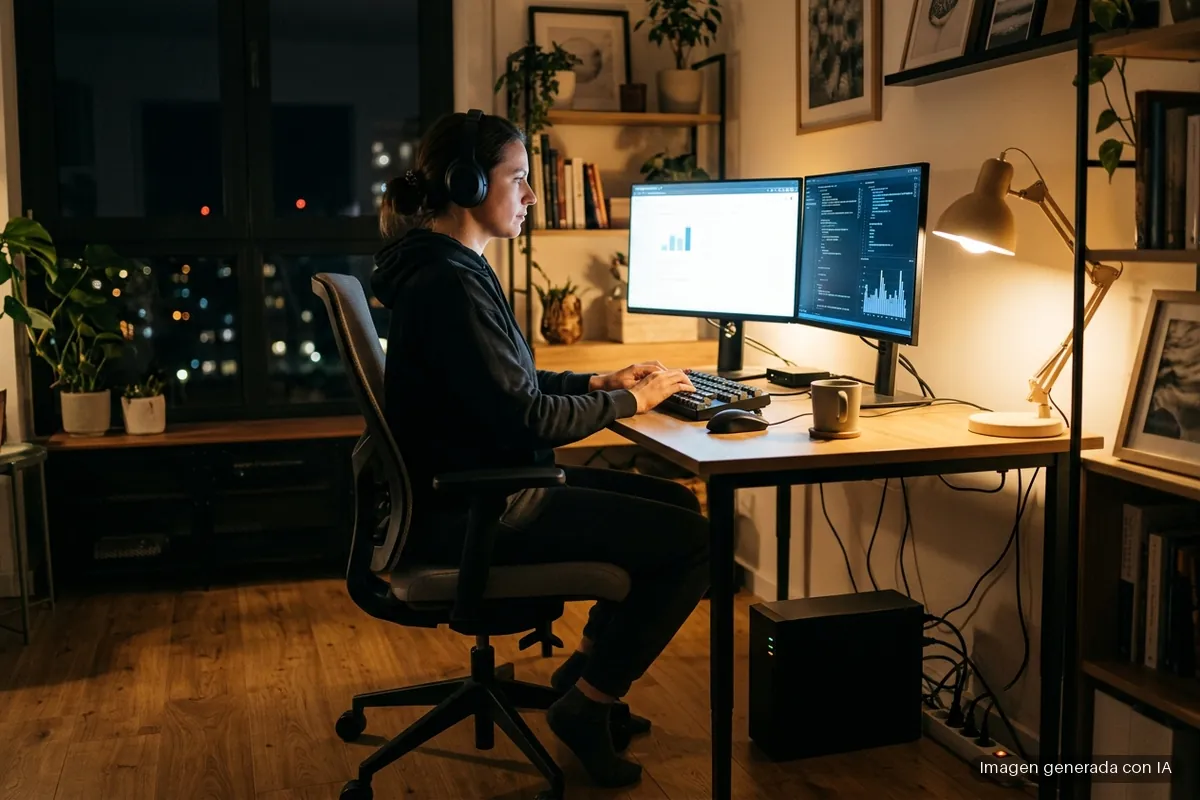 5181-sai-ups-trabajar-desde-casa Mujer con auriculares teletrabajando de noche ante dos monitores, con un SAI encendido en el suelo junto a la mesa. Imagen generada con IA.