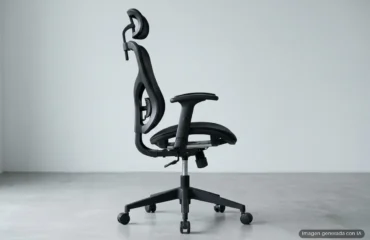 5190-mecanismos-sillas-oficina-sincro-basculante-contacto-permanente Silla de oficina de malla vista de perfil, con el mecanismo del asiento, el pistón y la base de cinco radios a la vista. Imagen generada con IA.