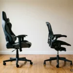 Una silla gaming y una silla de oficina de malla, las dos negras, una junto a otra en una habitación vacía. Imagen generada con IA.