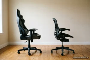 Una silla gaming y una silla de oficina de malla, las dos negras, una junto a otra en una habitación vacía. Imagen generada con IA.