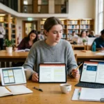 Estudiante trabajando en una biblioteca con varios dispositivos electrónicos y apuntes. Imagen generada con IA.