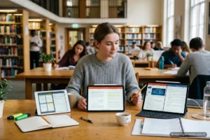 Estudiante trabajando en una biblioteca con varios dispositivos electrónicos y apuntes. Imagen generada con IA.