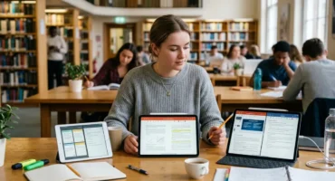 Estudiante trabajando en una biblioteca con varios dispositivos electrónicos y apuntes. Imagen generada con IA.