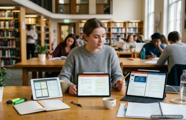 Estudiante trabajando en una biblioteca con varios dispositivos electrónicos y apuntes. Imagen generada con IA.