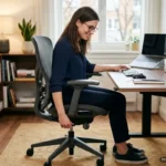Mujer sentada en una silla de oficina ajustando su altura mientras trabaja en un escritorio. Imagen generada con IA.