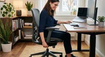 Mujer sentada en una silla de oficina ajustando su altura mientras trabaja en un escritorio. Imagen generada con IA.