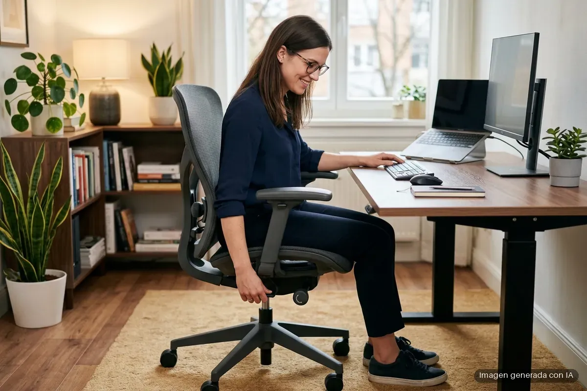 5222-como-ajustar-silla-ergonomica-paso-a-paso Mujer sentada en una silla de oficina ajustando su altura mientras trabaja en un escritorio. Imagen generada con IA.