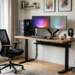 Escritorio elevable a media altura con torre de PC, dos monitores en brazos y auriculares, junto a una silla de oficina vacía. Imagen generada con IA.