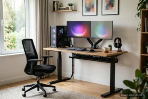 Escritorio elevable a media altura con torre de PC, dos monitores en brazos y auriculares, junto a una silla de oficina vacía. Imagen generada con IA.