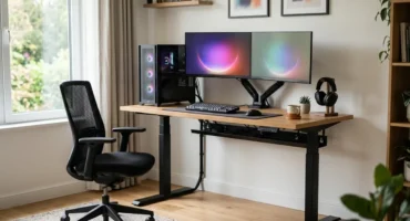 Escritorio elevable a media altura con torre de PC, dos monitores en brazos y auriculares, junto a una silla de oficina vacía. Imagen generada con IA.