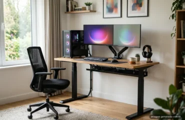 Escritorio elevable a media altura con torre de PC, dos monitores en brazos y auriculares, junto a una silla de oficina vacía. Imagen generada con IA.