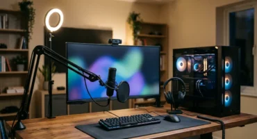 Puesto para emitir en directo con un PC de sobremesa, micrófono con brazo, webcam y teclado iluminado. Imagen generada con IA.