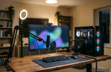 Puesto para emitir en directo con un PC de sobremesa, micrófono con brazo, webcam y teclado iluminado. Imagen generada con IA.