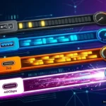 Cuatro cables USB de colores con indicadores de velocidad de 5, 20 y 40 Gbps. Imagen generada con IA.