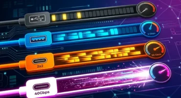 Cuatro cables USB de colores con indicadores de velocidad de 5, 20 y 40 Gbps. Imagen generada con IA.